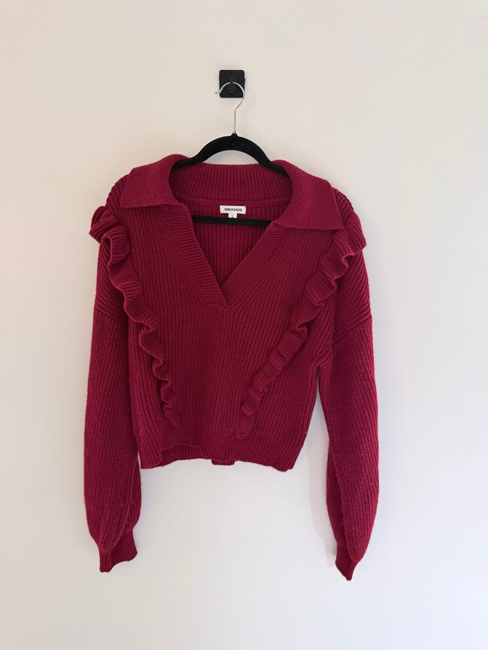 Vigoss Dark Red Ribbed Ruffle V-Neck Knit Sweater-Size L